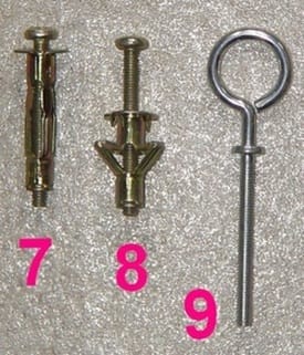 afb. 18 - 10 hollewandplug (7), dito gezet (8), en (9) een schroefoog voor hollewandplug