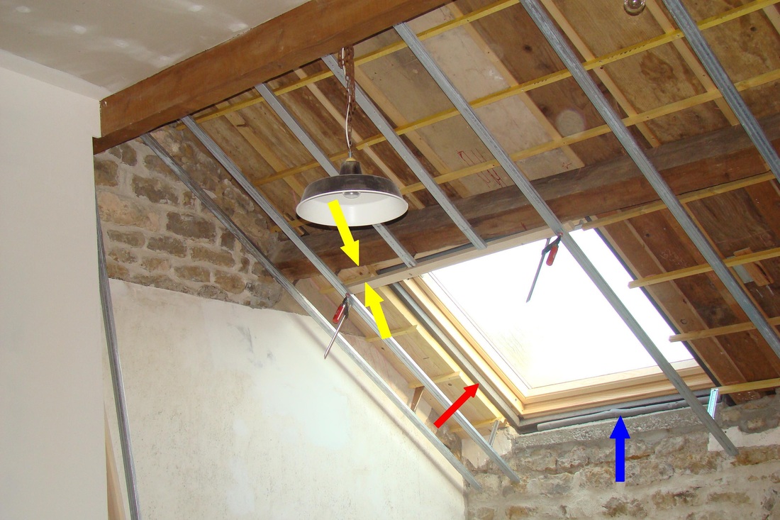 afb. 06.5.3 - 13 Alles scheef (gele pijlen). Velux BDX isolatieframe (rode pijl). Opvullende Isolatie (blauwe pijl).