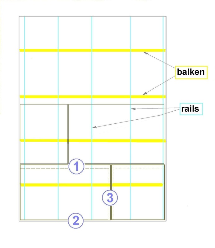 afb.08.3.2 - 10 Balken, rails en platen. (1) = afgeschuinde kant, bord amincie (BA) --- --- --- (2) = BA afgesneden (3) = twee 45° afschuiningen - - - - -