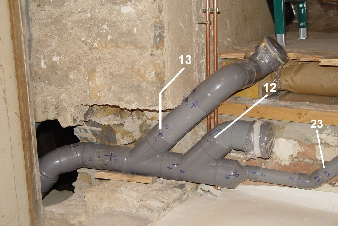 afb. 10.2.2 - 4 Aansluiting 12 is voor een WC vóór de nog op te trekken muur, 13 voor een achter deze muur, beiden 100mm. Bij 23 worden de wastafels aangesloten, 40mm (voor 32mm sifons). Alle openingen zijn met huishoudfolie en rubberband afgesloten, anders stinkt's.