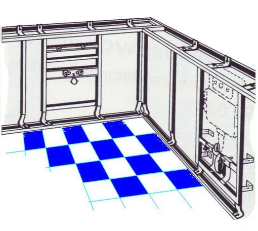 afb. 10.2.1 - 13 voorwandinstallatie: tegen de linker muur een element voor wastafelmontage, rechts voor een WC