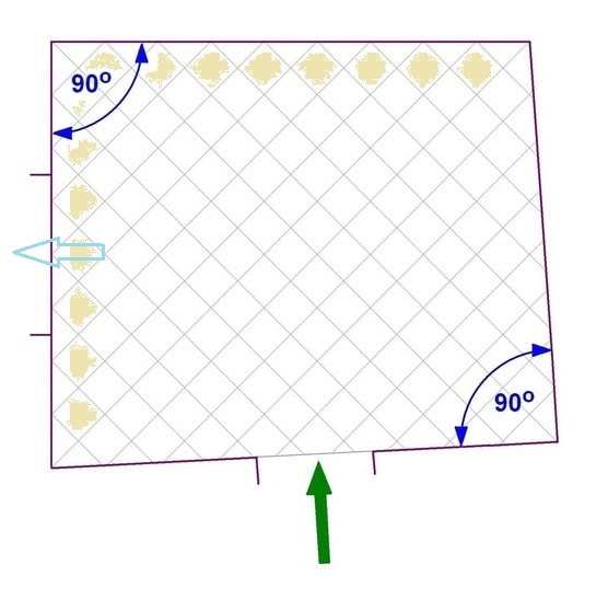 Afb. 16.4 - 6 Diagonaal tegelen in een niet-haaks vertrek. Groene pijl: Ingang. Blauwe pijl: raam.