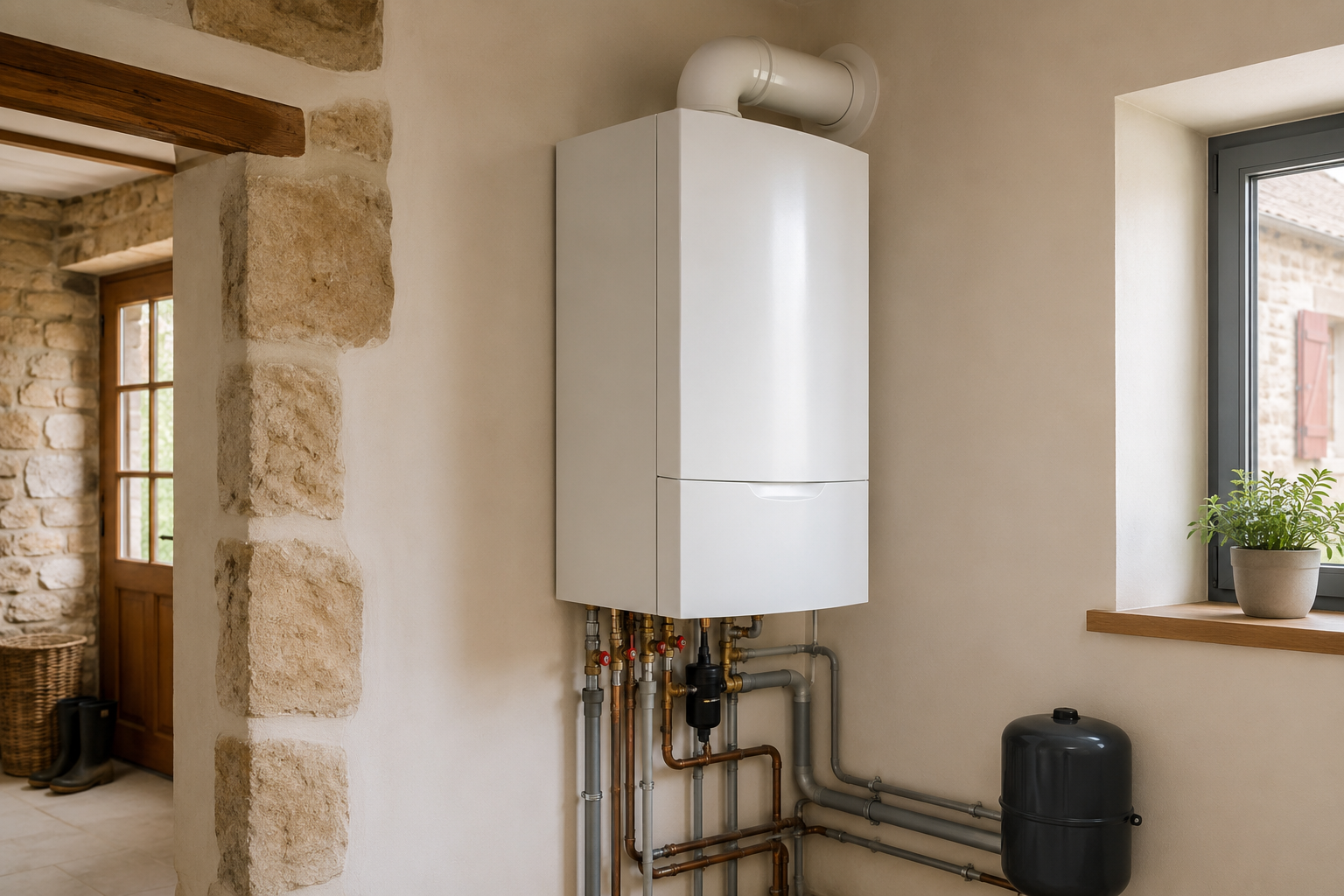 Wandhangende gas-CV-ketel in een Franse technische ruimte