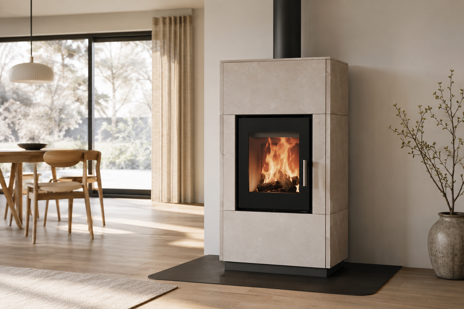 Moderne accumulatiekachel met strakke vormgeving en glazen deur
