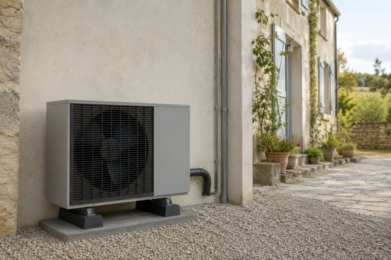 Buitenunit van een lucht/water-warmtepomp tegen een gevel