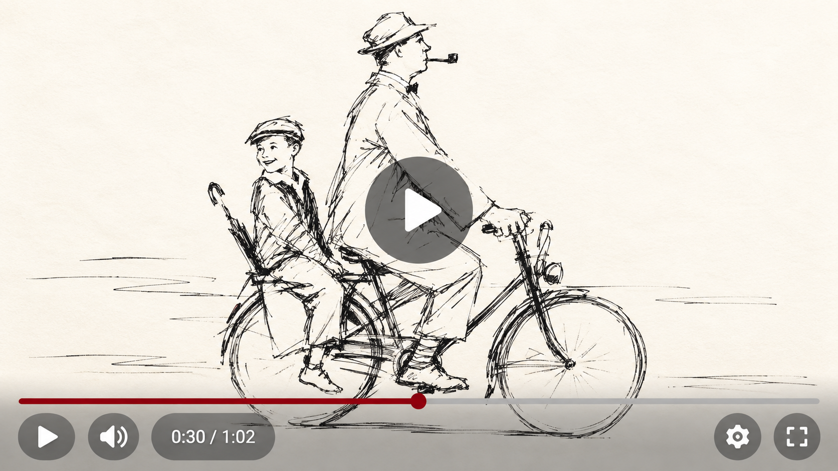 Schets: Monsieur Hulot op zijn VéloSolex met zijn neefje achterop, klik om de trailer van Mon Oncle te bekijken