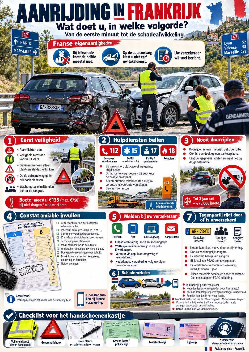 Infographic: wat te doen bij een aanrijding in Frankrijk, stap voor stap